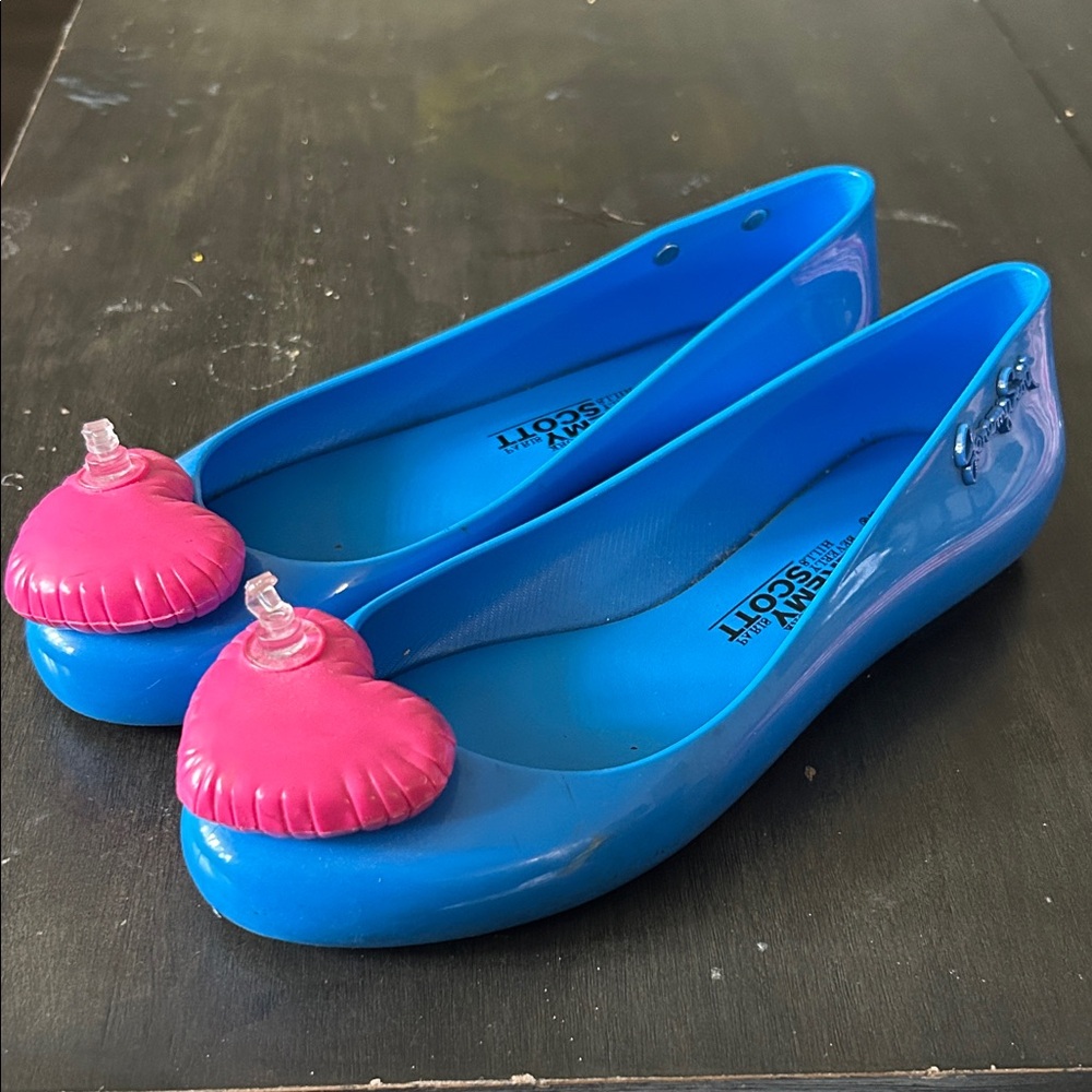 Jeremy Scott Blue Jelly Flats with Pink Heart Accents
